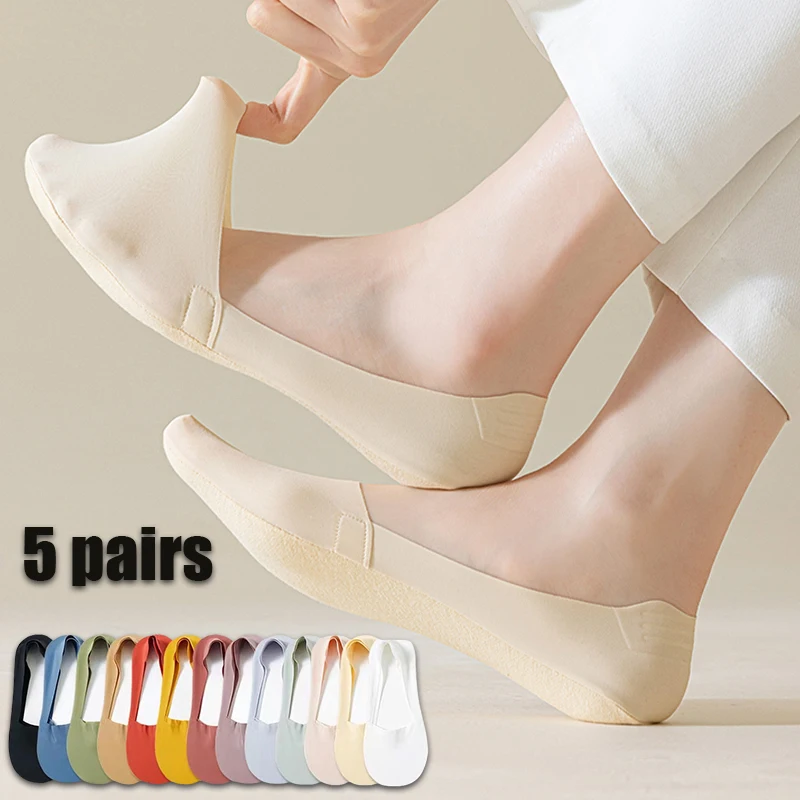 5Pairs المرأة الجليد جوارب حريرية تنفس عالية الجودة رقيقة جدا سيليكون عدم الانزلاق قارب جورب لينة خفيفة الوزن غير مرئية سوكس