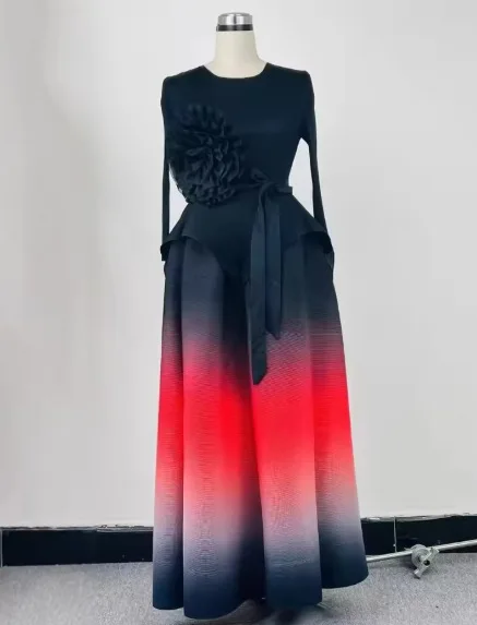 ミヤケプリーツツーピースセット グラデーションフルスリーブ エレガントトップス + フォールドAラインスカート レディース 2025新作 高級パーティードレス