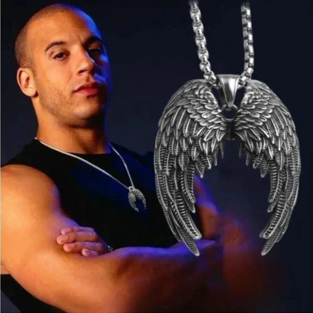 Stainless Steel Angel Wings Cross/Raven Pendant Necklace for Men and Women Vintage Viking Jewelry