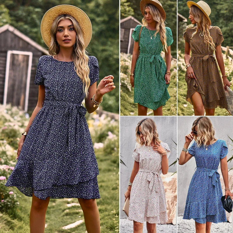 

Round Neck Casual Dress With Straps And Waist Cinching For Women'S Wear