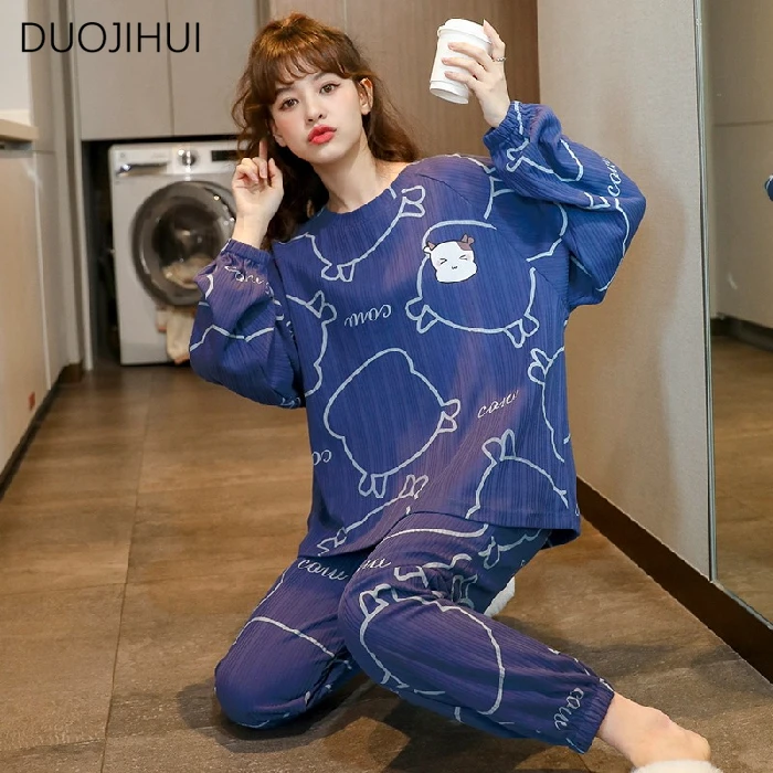 DUOJIHUI-Pyjama Deux Pièces pour Femme, Décontracté, Maison, Classique, Col Rond, Pull, Pantalon, Mode, Imprimé, Printemps