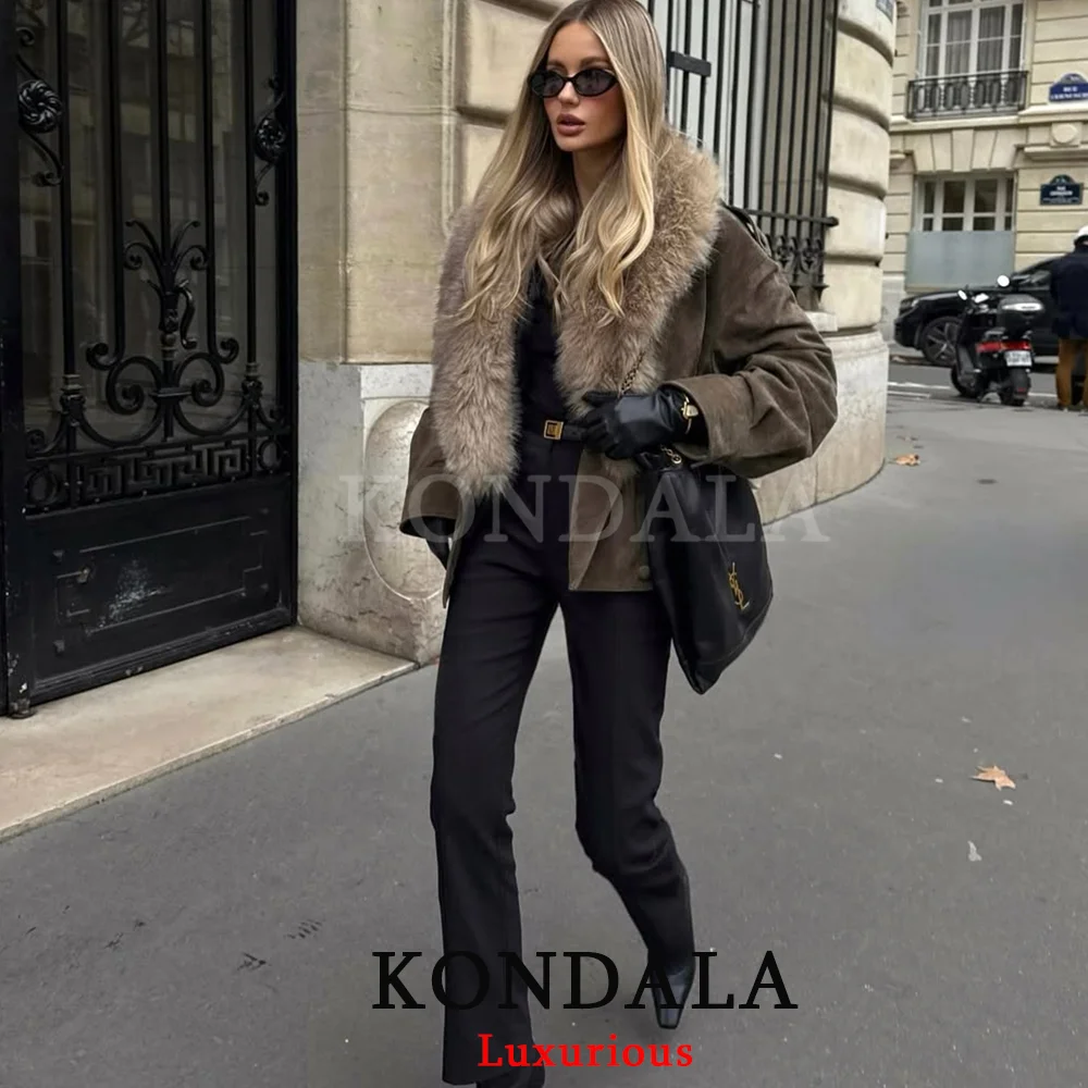 KONDALA Casual Chic Green Suede Jackets Women V Neck Fur Collar Double Buttons Coats Fashion 2026 Spring Streetwear Outwears