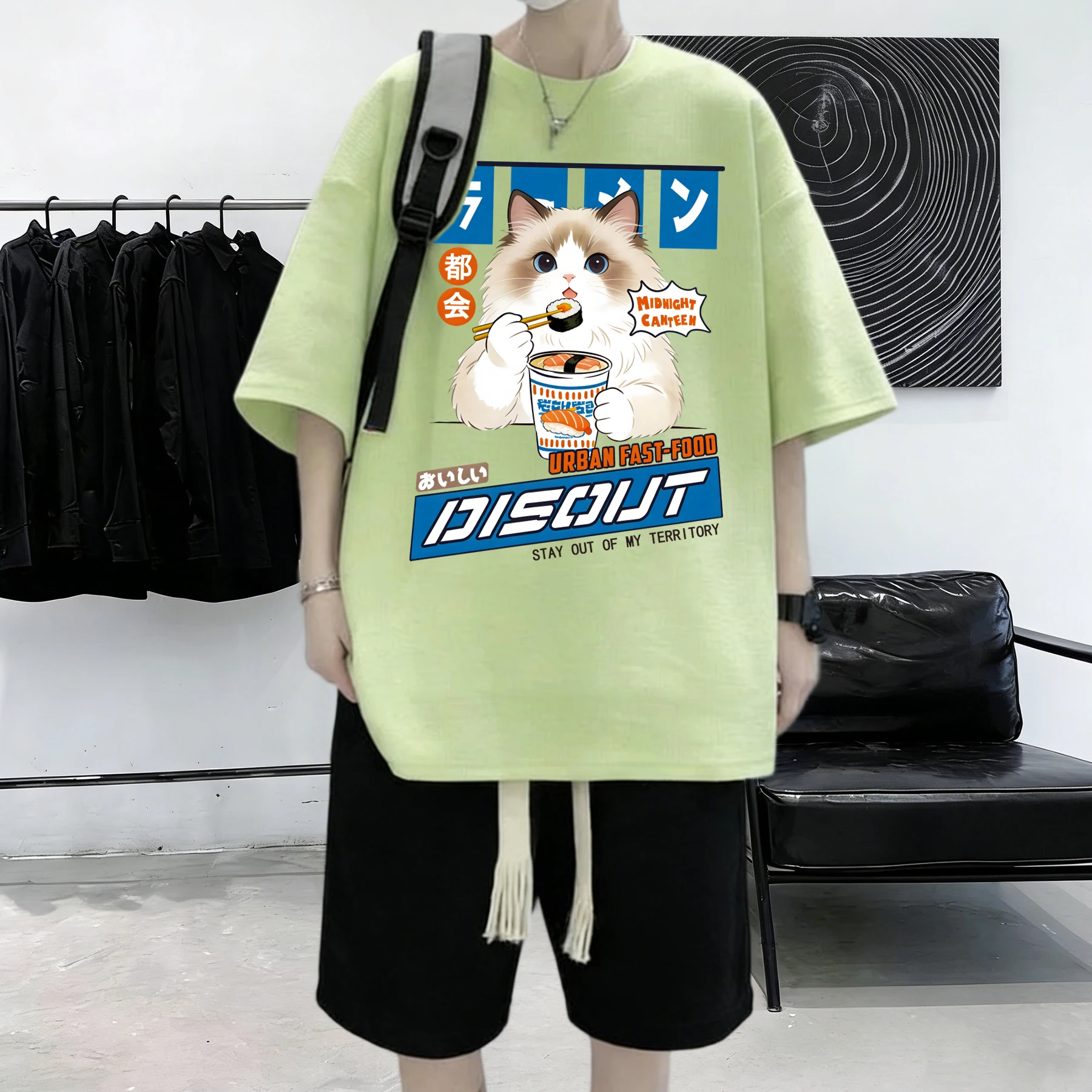 Puppet Cats Who Enjoy Eating Sushi Prints Cotton Summer Thin Clothing Male Youth Beach T Shirt Hip Hop Street Short Sleeve