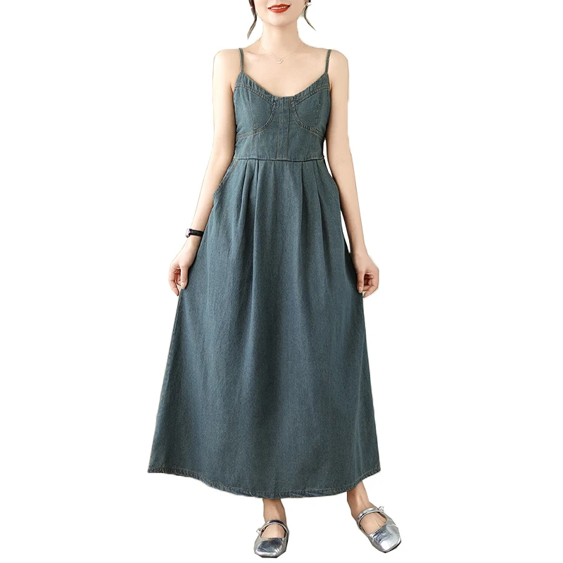 Denim Sling Long Dresses For Women Spring Summer Female V Neck Sleeveless Large Size A Line Blue High Waist Loose Elegant Robe