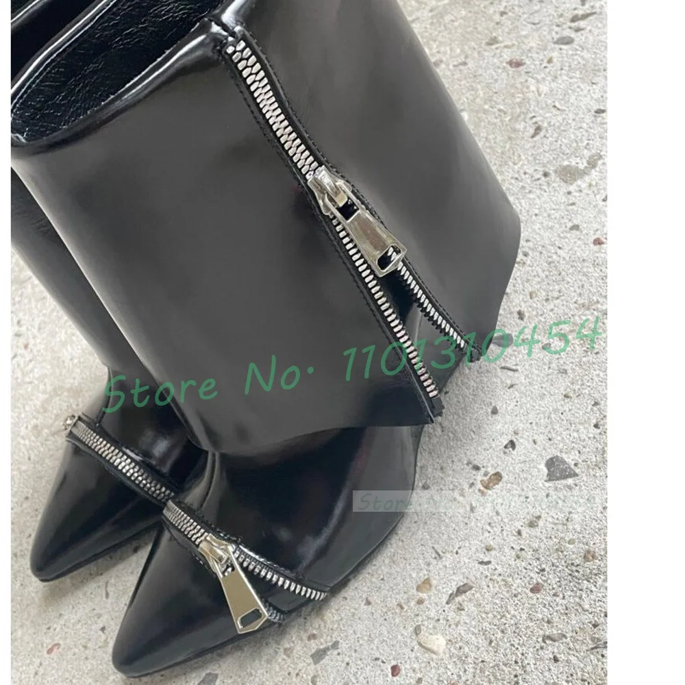 Zipper Decor Wedge Ankle Boots Women Turned-over Edge Leather Pointy Heeled Shoes Slouchy New In Luxury Big Size Hollow Boots