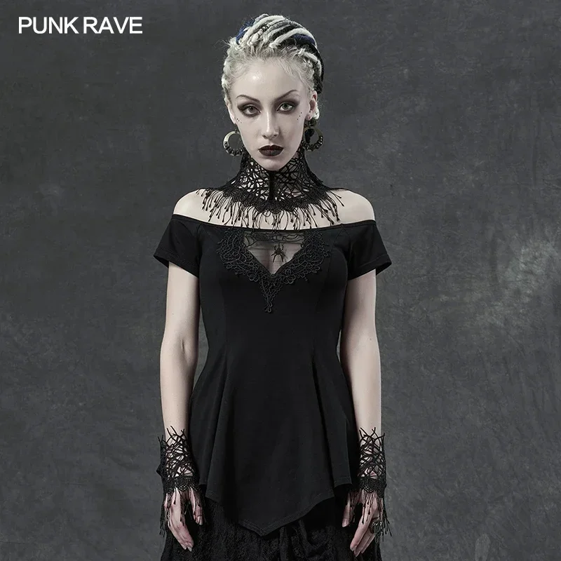 

PUNK RAVE Women's Gothic Daily Spider Off Shoulder Sexy Embroidery T-shirt Casual Stretch Knit Summer Short Sleeve Tee Tops