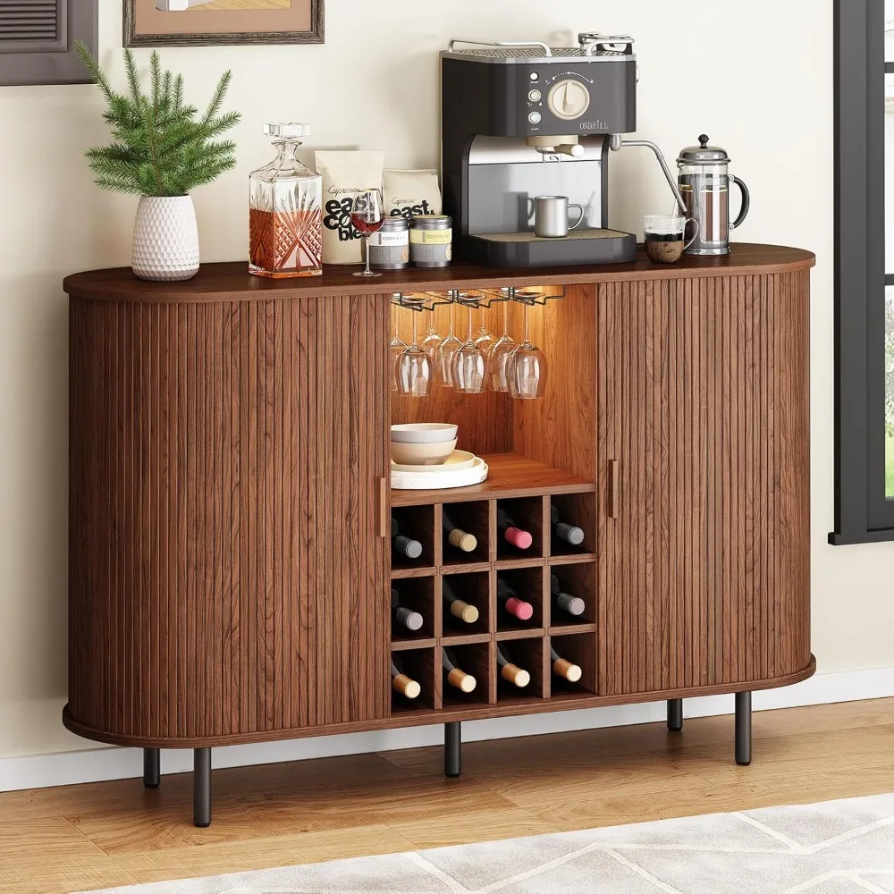 Gabinete para bar de vinos de 55" con luz LED, estación de café moderna para whisky y licor con estante para vino y soporte para copas,