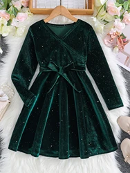 Autumn And Winter Girls Retro V-Neck Long-Sleeved Solid Color Sequined Birthday Party Dress With Belt