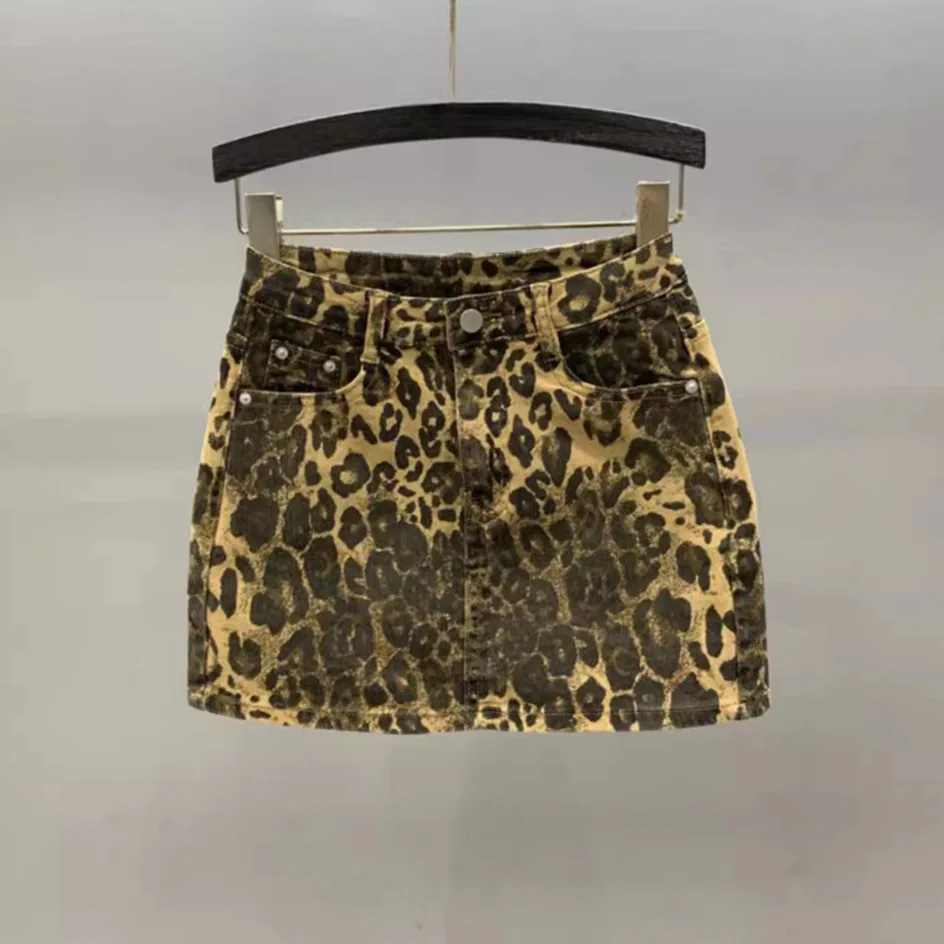 ZOCI-Saia curta jeans de cintura alta personalizada para mulheres, slim fit, saia emagrecedora de linha A, estampa leopardo, verão