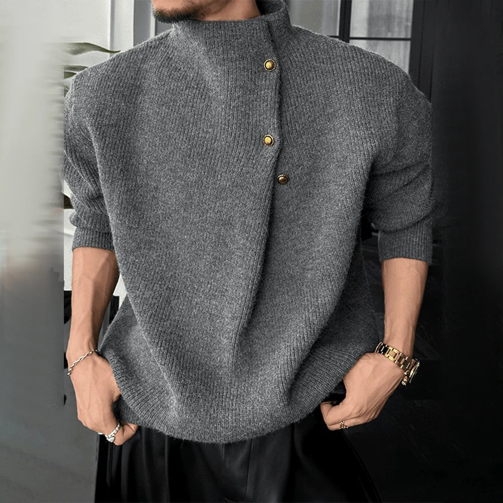 Autumn Winter New Fashion Trend Retro High Collar Button Design Sweater Mens Casual All-Match Loose Knit Sweater Mens Clothing