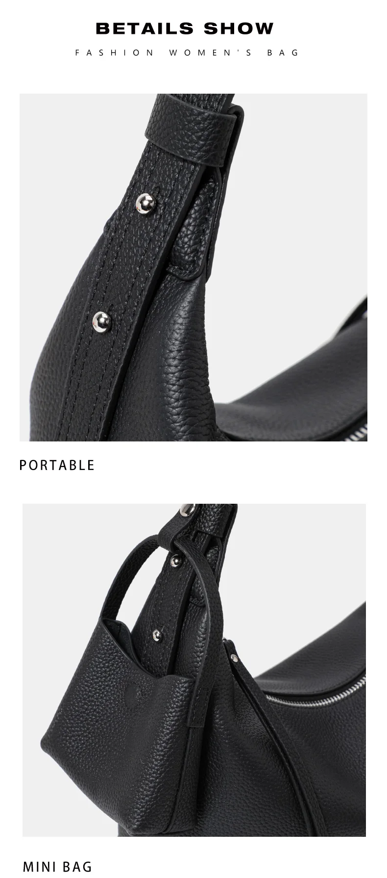Hobo-Tasche aus genarbtem Rindsleder für Damen mit zwei Trageriemen, weichem Rindsleder und Einzel-Schulterriemen für den täglichen Freizeitgebrauch. – Detail 12