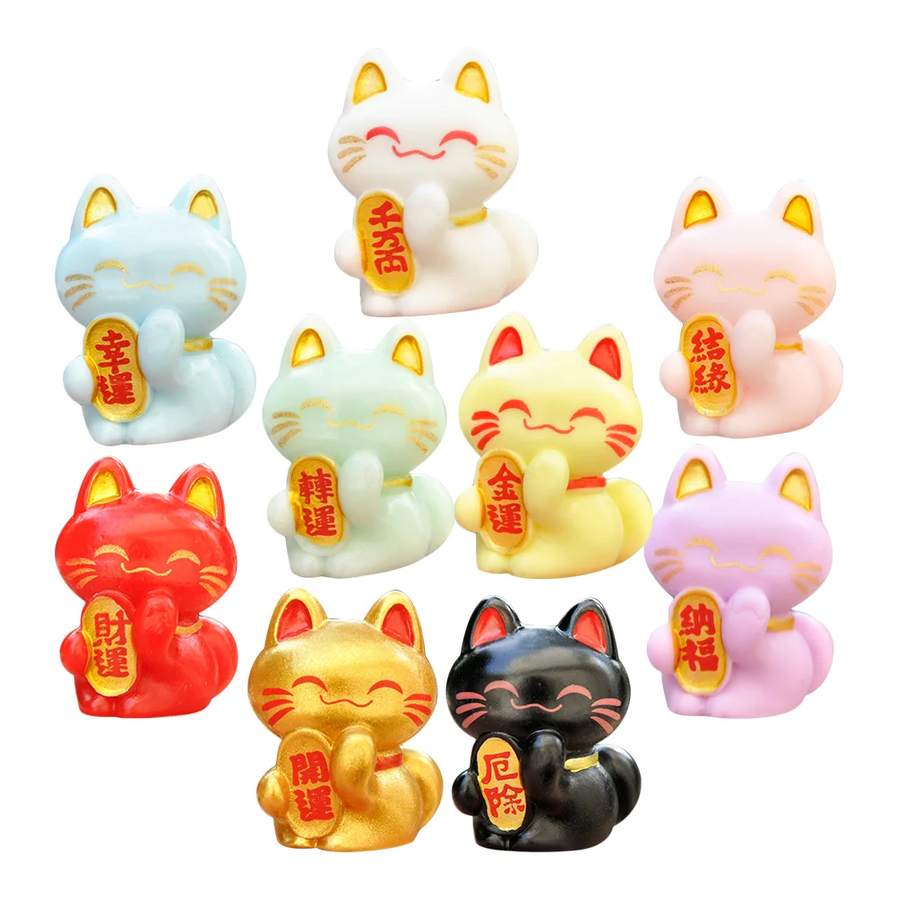 

9 Pcs Toy Miniature Lucky Cat Micro Landscaping Ornaments Sculpture Model Resin Adornments Kitten Statue Office