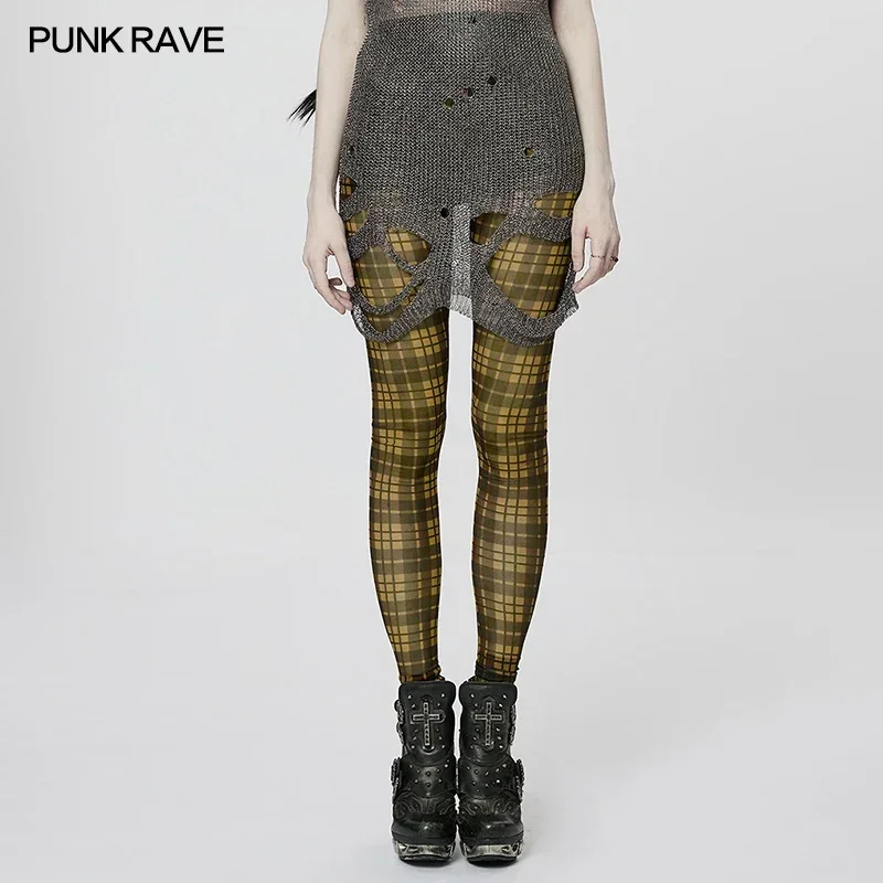 PUNK RAVE Women's Punk Style Plaid Mesh Simple Sense Sexy Leggings Daily Personality Trousers Women 2 Colors