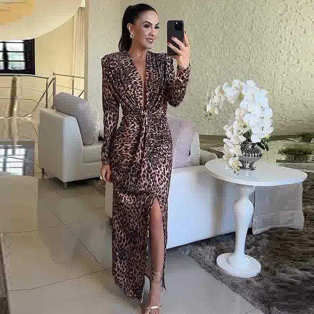 Sukienki w panterkę z nadrukiem Pullover Sexy V Neck Long Sleeve Spliced Party Dress Sashes Vestidos Ankle Length Casual Loose Fit
