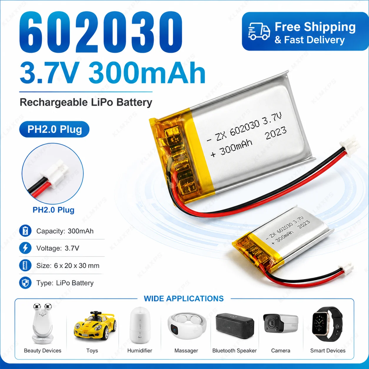 

3.7V 602030 300mAh Lithium Polymer Battery PH2.0 Connector Rechargeable Li-Po Cell for Bluetooth Speaker Headset MP3