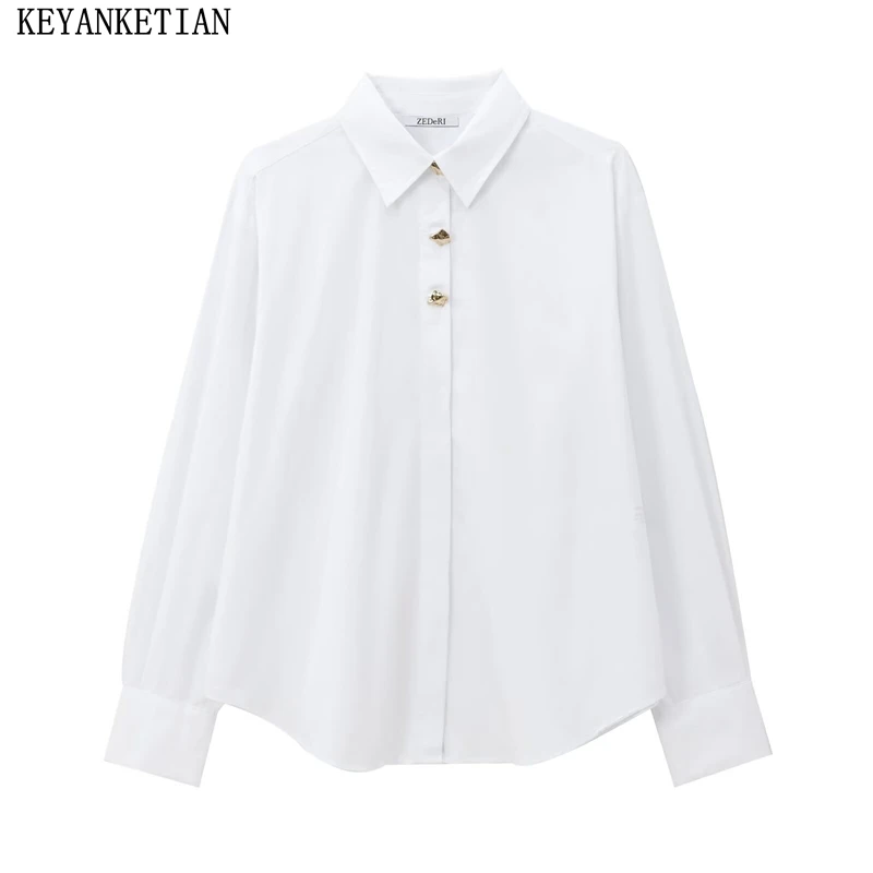 KEYANKETIAN 2024 Autumn New Women\'s Gold Button Decoration White Blouse Simple style Oversize Long Sleeve Loose Shirt Basics Top