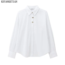 KEYANKETIAN 2024 Autumn New Women's Gold Button Decoration White Blouse Simple style Oversize Long Sleeve Loose Shirt Basics Top