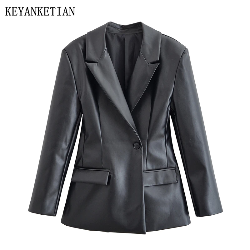 

KEYANKETIAN Autumn New Women's Clothing One Button Flip Pocket Slim Fit Black Faux Leather Suit Women Coat Top PU Jacket