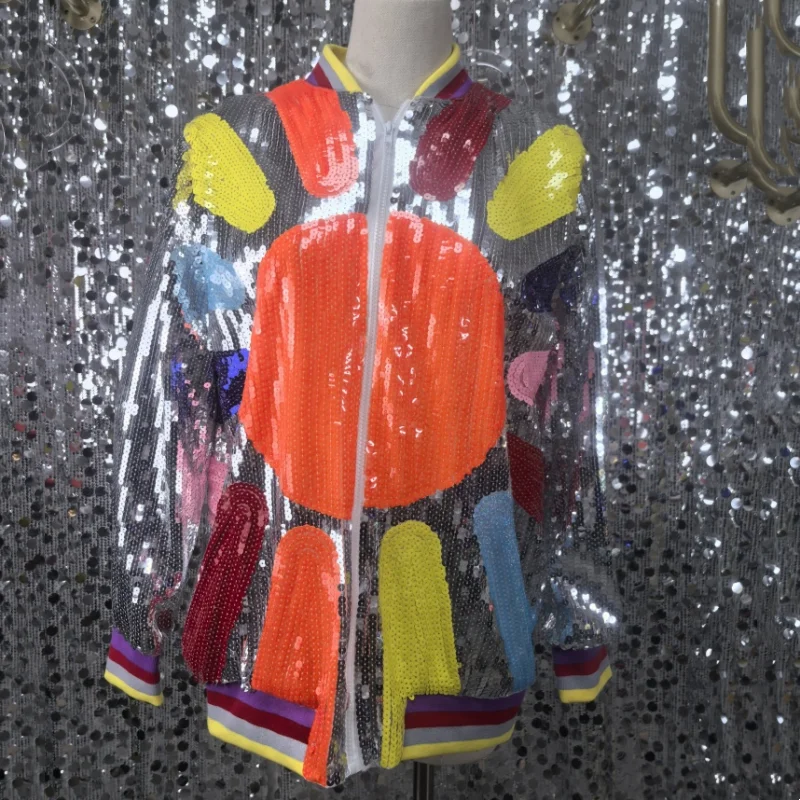 

Autumn Patchwork Color Long Sleeve Sequins Outerwear Loose Stand Neck Embroidery Letter Streetwear Zipper Hip Hop Women Coats