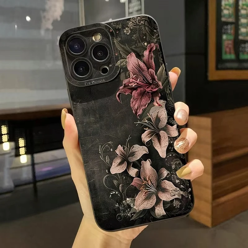 Flower Vintage Floral Black Background Shockproof Phone Case For iPhone 11 12 13 14 15 16 Pro Max XS