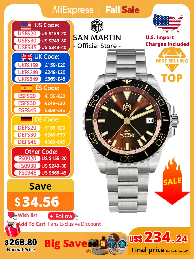 

San Martin New 39mm Luxury Diver Men's GMT NH34 Sunburst Enamel Dial Stainless Steel Automatic Sapphire C3 Green Luminous SN0136