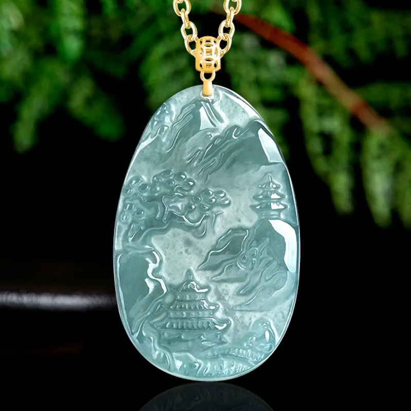 

Real Natural Grade A Jade Jadeite 18k Gold Clasp Women Mountain Landscape Oval Pendant