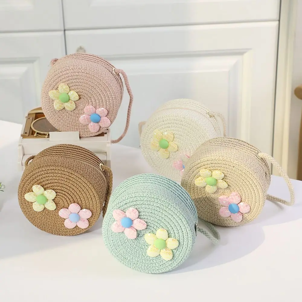 Casual Children's Straw Beach Bag Fashion Heart Pattern Cute Shoulder Bag Straw Baby Coin Purse Kids