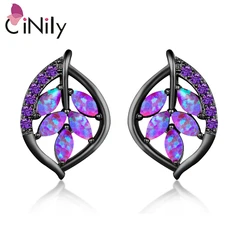 CiNily Purple Fire Opal Stud Earrings Black Gold Color Purple Zircon Crystal Leaves Leaf Natural Spring Jewelry for Women Girls