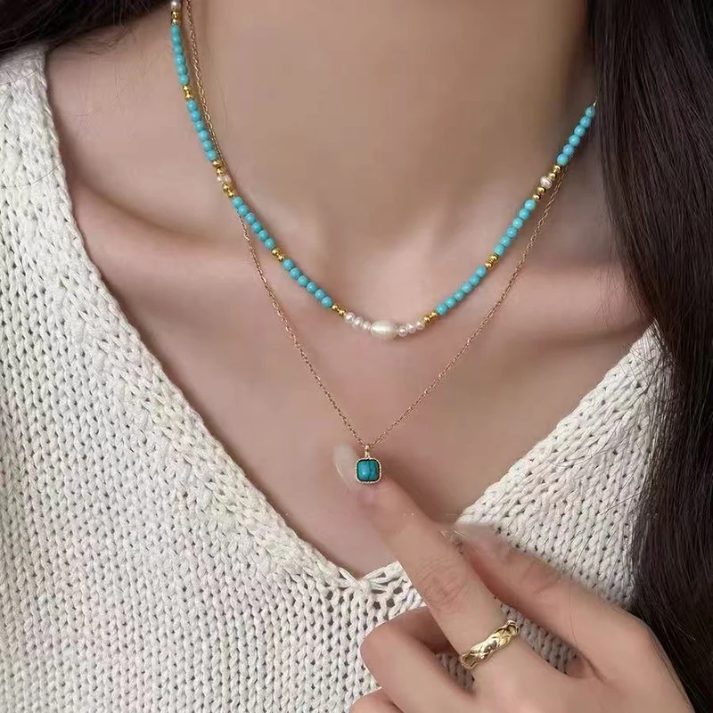 Elegante doppelschichtige geschichtete Nachahmung Türkis natürliche Perle Perlen Halskette trendigen Schmuck für Frauen Sexy Schlüsselbein Kette – Detail 7