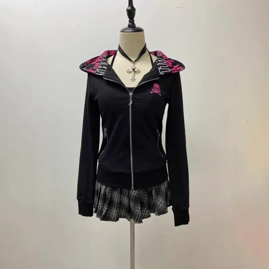 

Waist slim-fit and velvet American retro Vintage autumn and winter black skin-friendly Harajuku letter hooded zipper sweatshirt