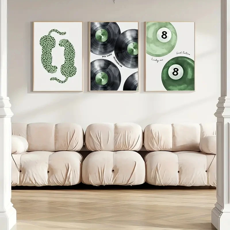 3pcs/Set Green Sieve Leopard Disc Poster, Canvas Printing, Wall Art, Living Room, Bedroom, Office, Corridor Decoration Painting