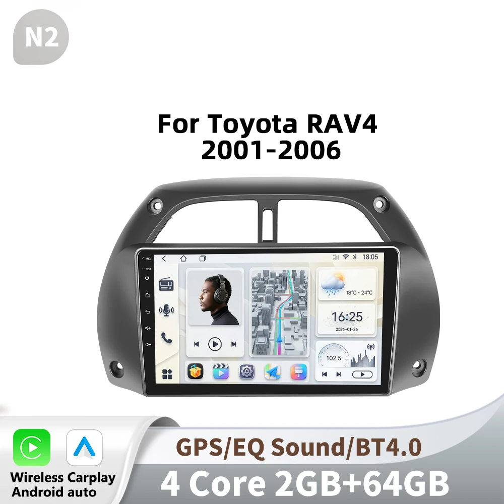 Podofo draadloze CarPlay voor Apple Android Auto autoradio voor Toyota RAV4 2001-2006 2din GPS multimedia touchscreen