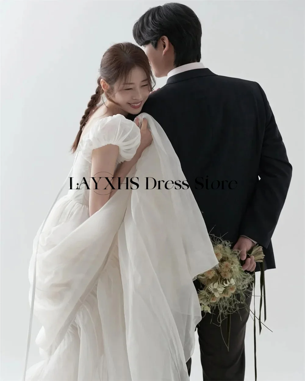 فساتين زفاف من التل العاجي لالتقاط الصور الكورية وياقة مربعة وأكمام قصيرة منتفخة فستان زفاف مشد مع ذيل ذاكرة الزفاف مخصصة #5