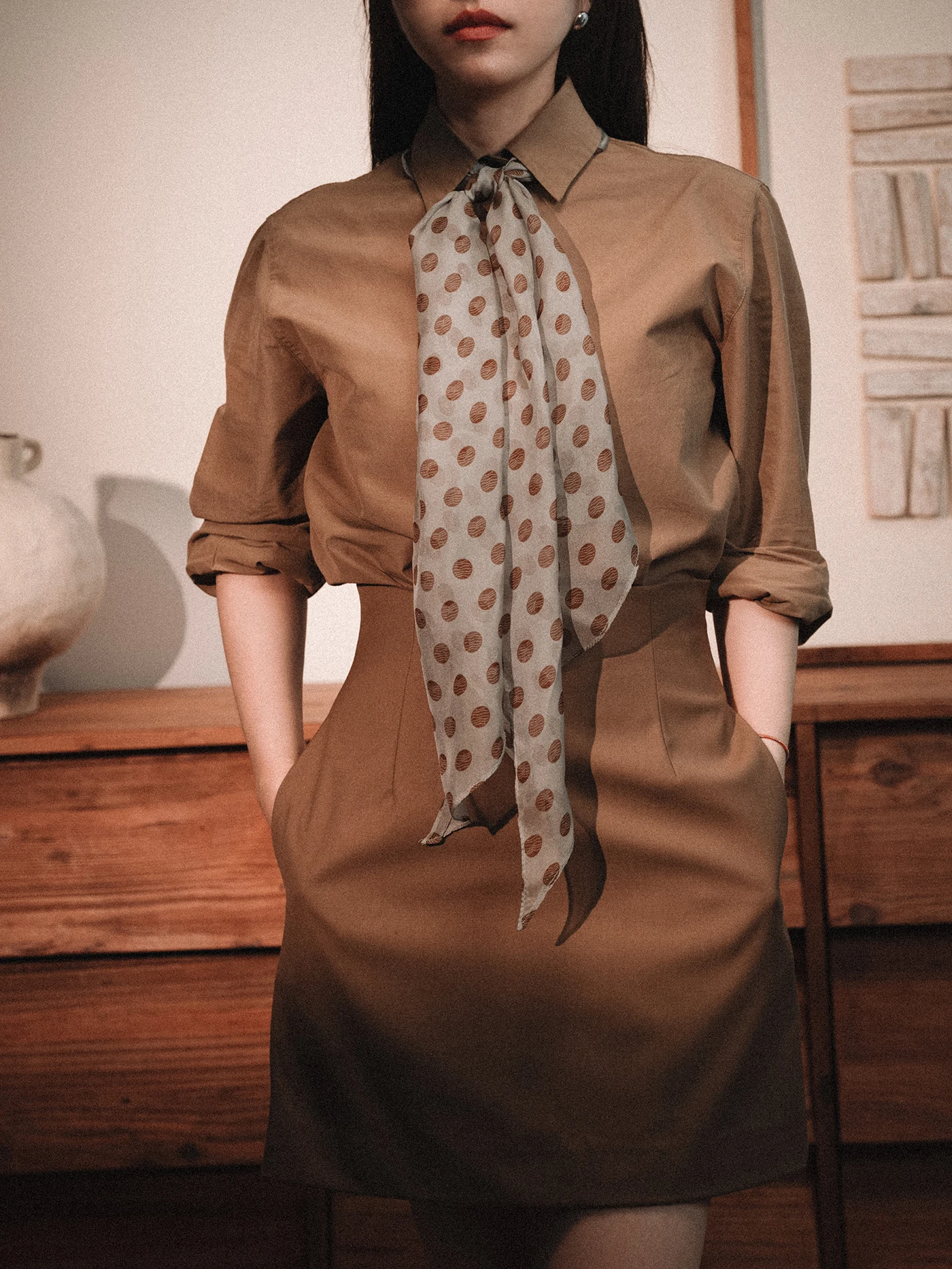 gotan-long-silk-scarf-mist-brown-polka-dot-sun-protection-shawl-korean-style-commuting-chiffon-lightweight-summer-scarf