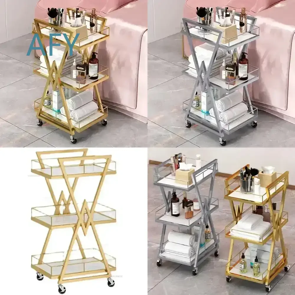 Professional Barber Tool Trolley for Beauty Salon with Wheels Modern Gold Iron Salon Cart for Hair Styling Station Salon