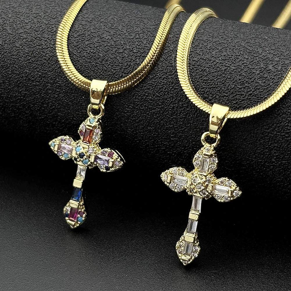 

Luxury Colorful Glass Cross Copper Pendant Necklace for Women Stainless Steel Gold Color Snake Chain Christian Jewelry Gift