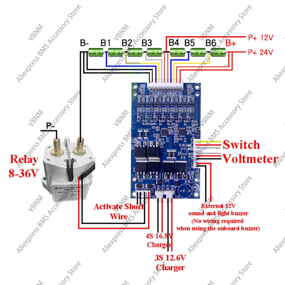 BMS 7S 24V 15A, กับ Balancer, มอนิเตอร์, สวิตช์, พอร์ตทั่วไป, สำหรับแบตเตอรี่ลิเธียม, ค่าใช้จ่ายมากเกินไปป้องกัน E-BIKE BMS