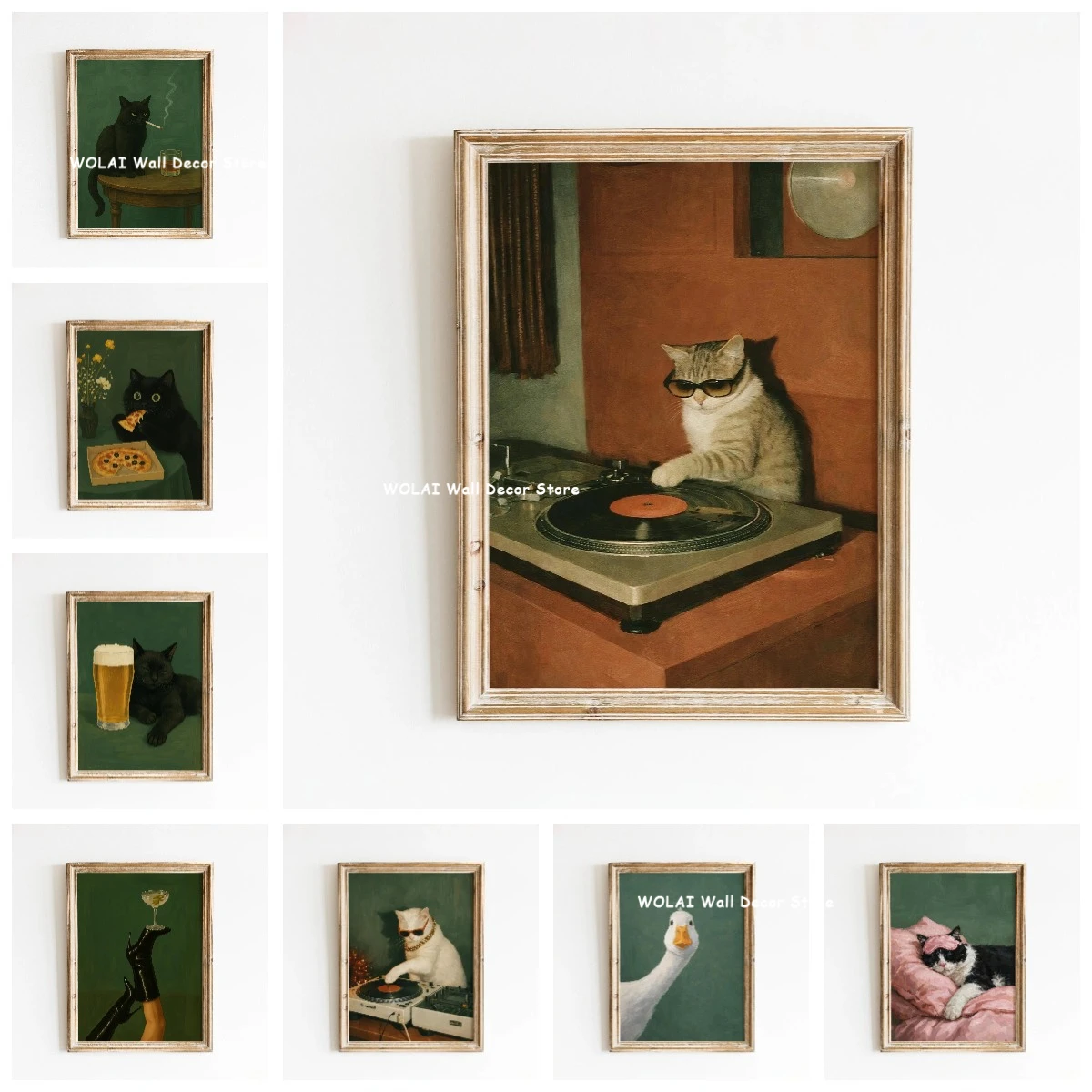 Moody Black Cat Smoking Animal Canvas Printing Retro DJ Cat Vinyl Turntable Music Wall Art Poster for Modern Home Kitchen Decor