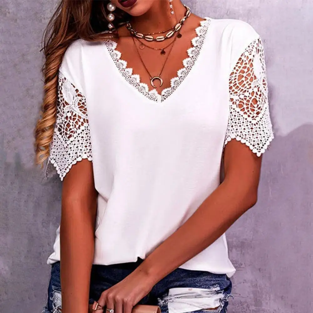 V-Neck Women T-shirt Lace Hollow Stitching Petal Short Sleeve Casual Loose Solid Color Tops Lady Pullover Women Clothing