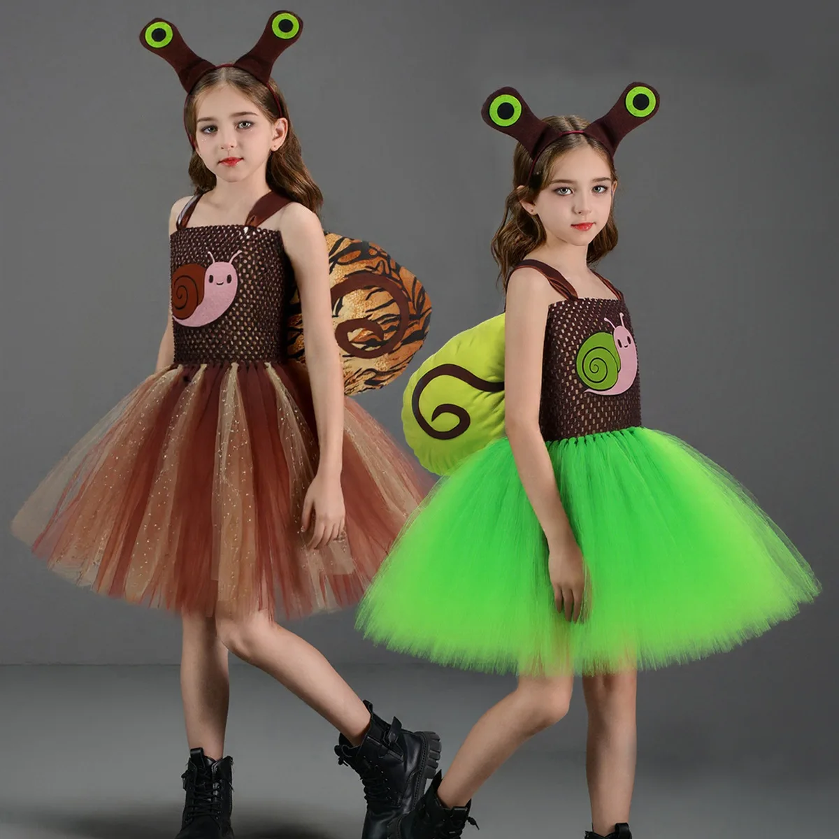 Roze groen cosplay kostuum voor meisjes, schattig bling borduurwerk slak tule patchwork onderjurk met hoofdband Halloween kostuum