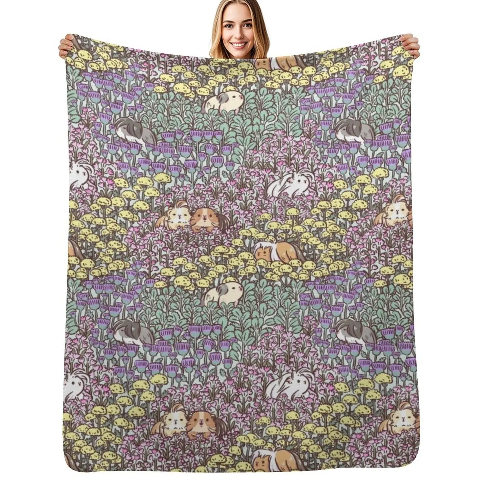 

Long Haired Guinea pigs and Floral Garden pattern Throw Blanket Soft Warm Blanket Gift for Grandparents
