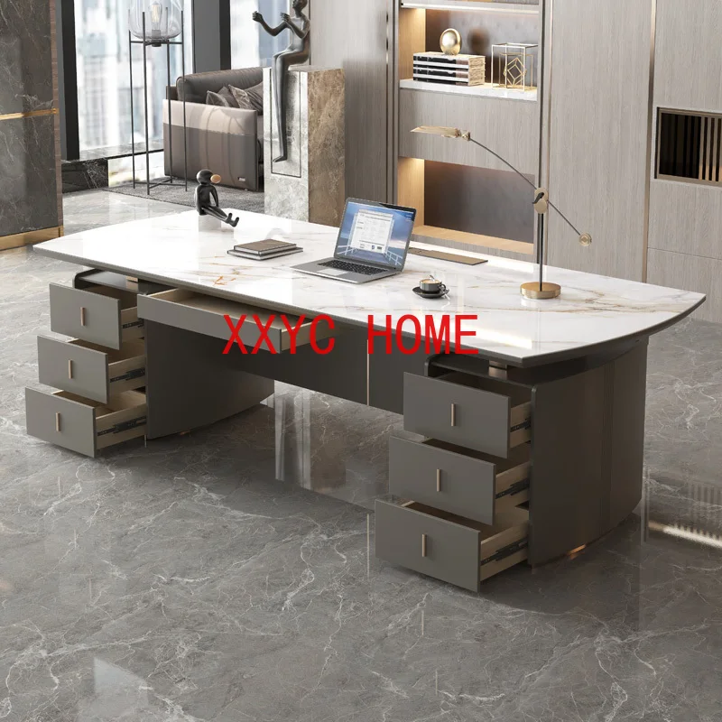 

Light Luxury Glossy Rock Panel Office Desk And Chairs Baked Lacquer Boss Desk Simple Modern Writing