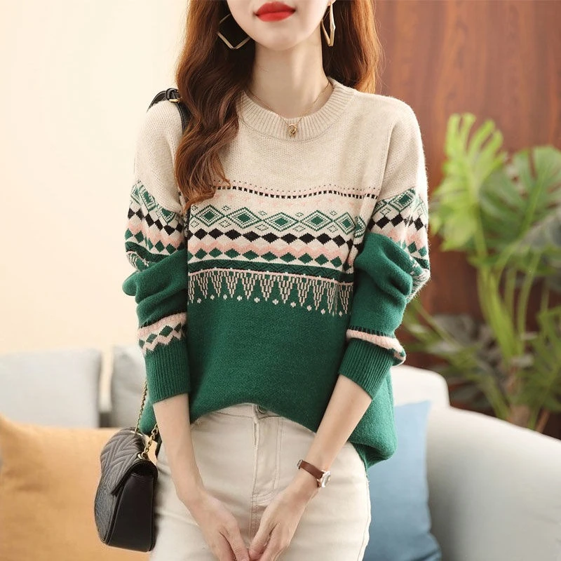 Round O Neck Ladies Pullovers Clothes Long Sleeve Clothing Sales Original Warm Korean Youthful Lazy Style Women's Knit Sweater
