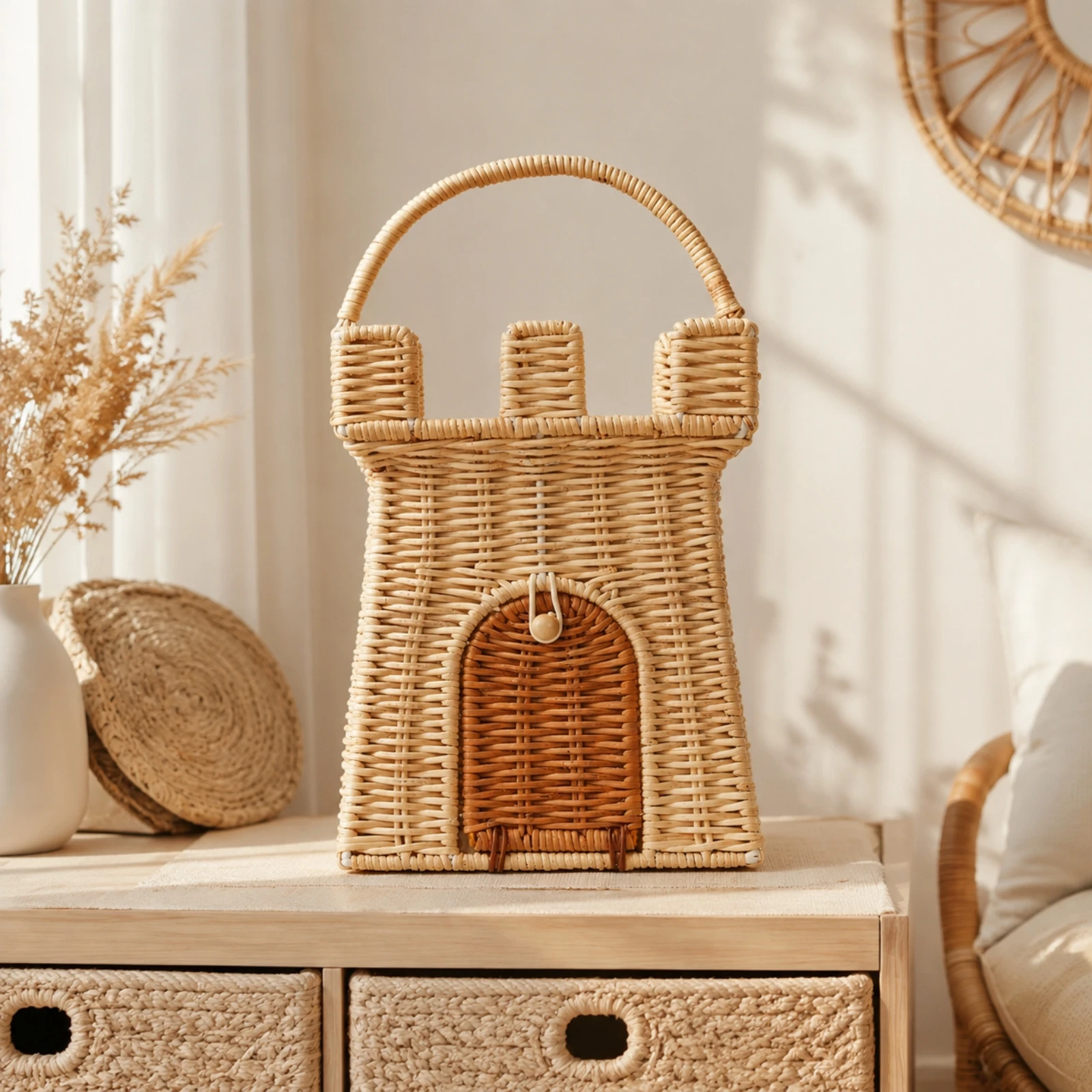 Handwoven Rattan Basket with Carrying Handle Stylish Rattan Basket with Handle Decorative Storage Container Functional Portable