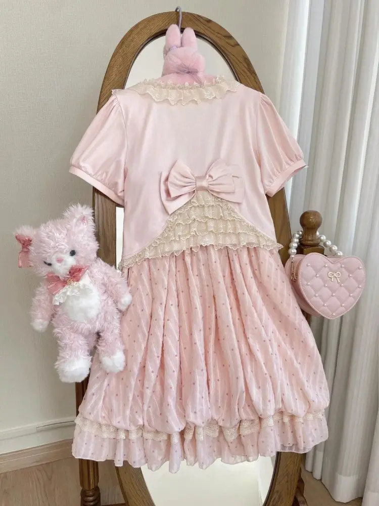Sweet Summer New Shawl Bow Lace Short Sleeve Suspender Dress Two-piece Set Vintage Pink Polka Dot Flower Bud Kawaii Dresses New view 6