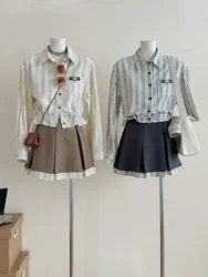 Autumn Vintage Preppy Style 2 Piece Sets Women Y2k Strip Chic Shirts + Mini Pleated Design Skirts Female Korea Style Outfits New