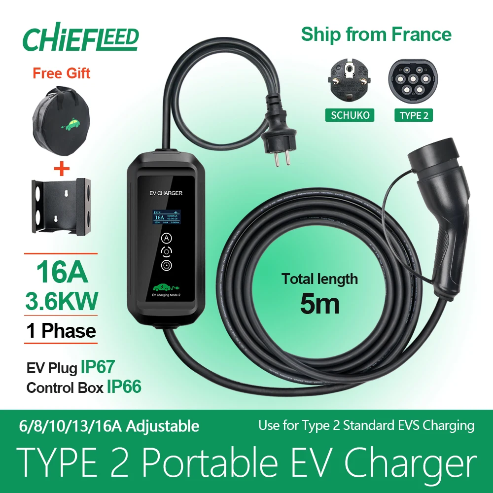 Chiefleed Type 2 16A 1phase 3.6kw EV Charging Cable IEC 621962 Electric Car Charger portable EV Charger Wallbox EVSE