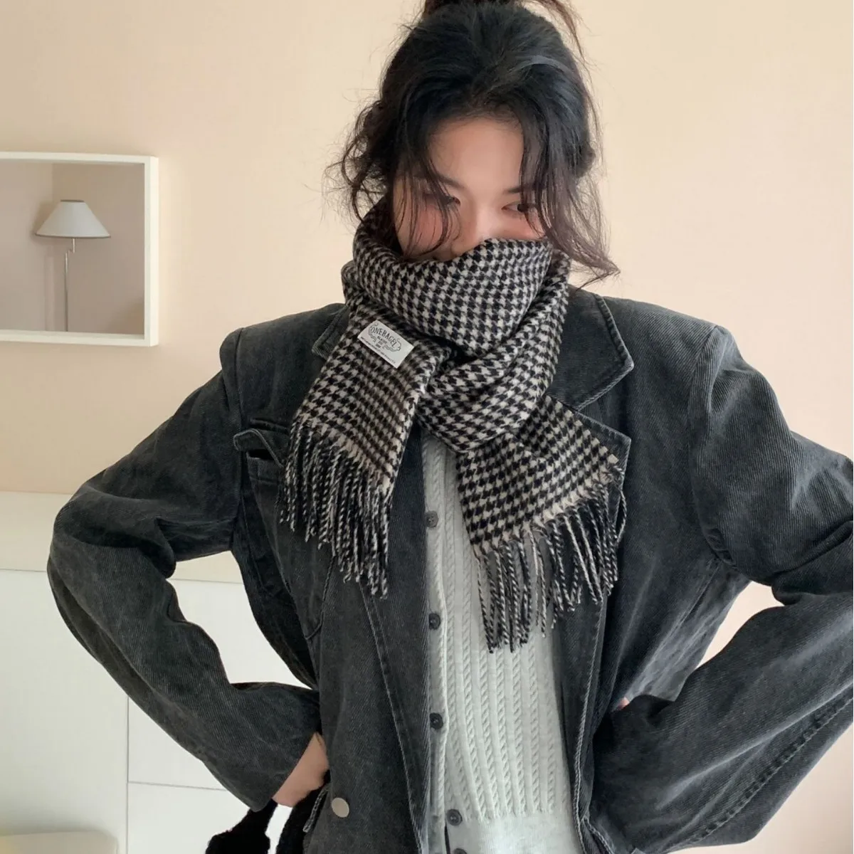 

Шарф из 100% шерсти, новый, в корейском стиле, зимний, универсальный, в клетку «тысяча птиц», теплый, ветрозащитный, высококачественный, модный тренд