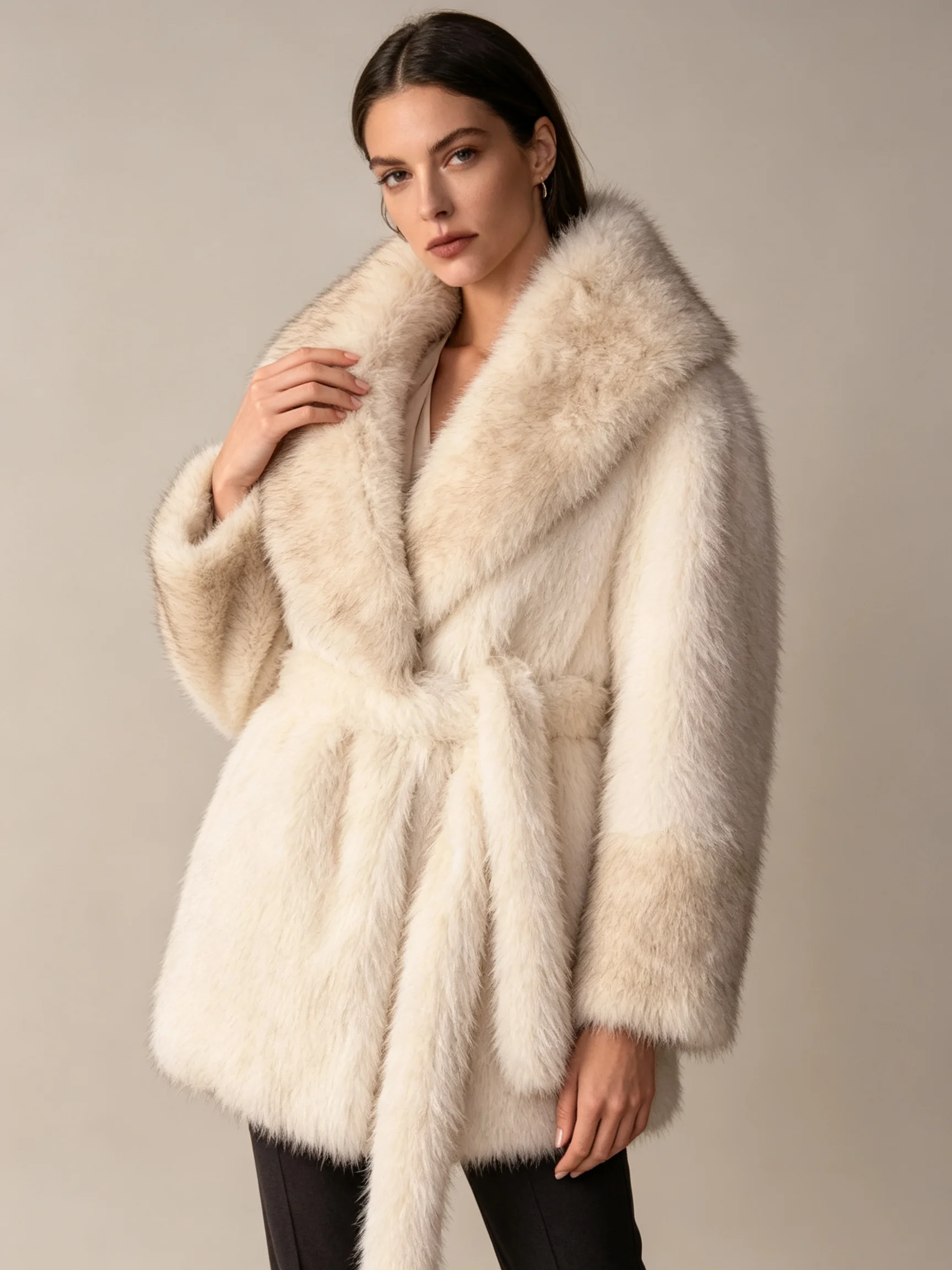 RU Wide Lapel Belt Waist Women Faux Fur Coat Long Sleeve Elegant Outerwear