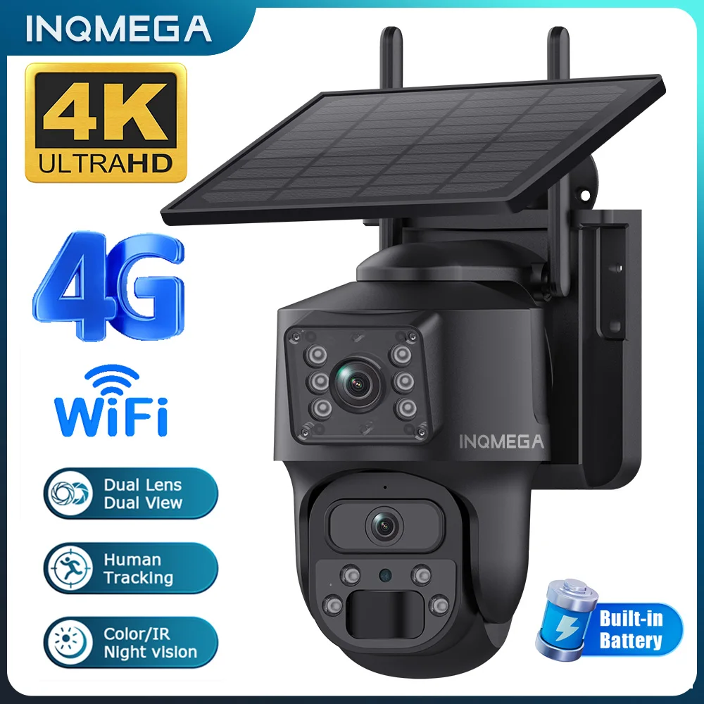 INQMEGA 8MP 4K Solar Powered Camera With Battery Outdoor HD 4MP Dual Lens WiFi IP Camara Solar Panel CCTV Security Factroy